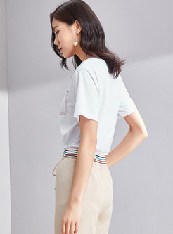 White Casual Striped Pocket Cotton T-shirt