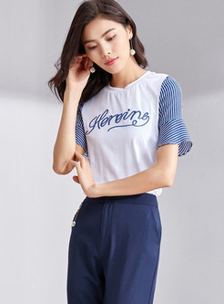Casaul Flare Sleeve Embroidered Letter Stitching T-shirt