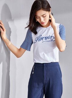 Casaul Flare Sleeve Embroidered Letter Stitching T-shirt