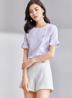 Purple Embroidery Striped Flare Sleeve T-shirt