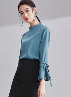 Fashionable Stand Collar Flare Sleeve Bowknot Blouse
