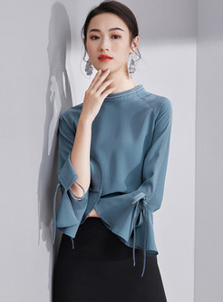 Fashionable Stand Collar Flare Sleeve Bowknot Blouse