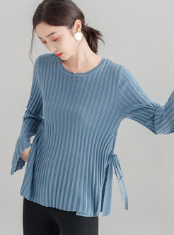 Pure Color Flare Sleeve Tied Slim Knitted Sweater