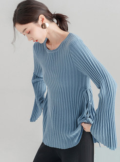 Pure Color Flare Sleeve Tied Slim Knitted Sweater
