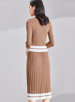 O-neck Long Sleeve Sweater & Knitted Skirt