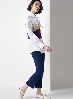 Trendy Brief Color-block Blouse & Slim Denim Flare Pants