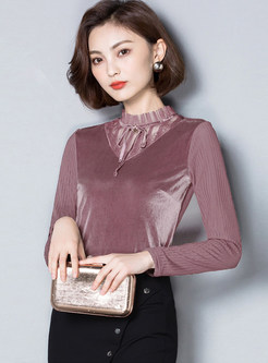 Trendy Standing Collar Tied Pure Color Warm Top