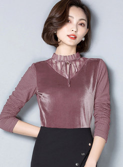 Trendy Standing Collar Tied Pure Color Warm Top