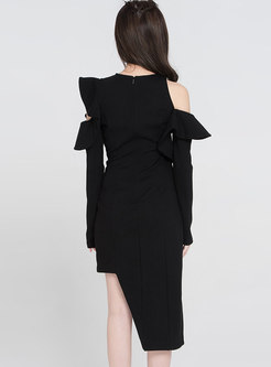 Black Off Shoulder Asymmetric Hem Bodycon Dress
