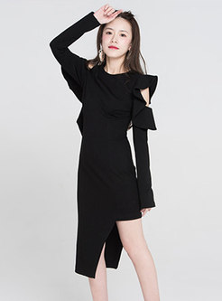 Black Off Shoulder Asymmetric Hem Bodycon Dress