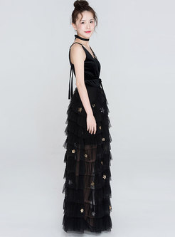 Black V-neck Star Pattern Layered Dress
