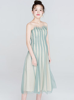 Elegant Strapless Mesh Slim A-line Dress