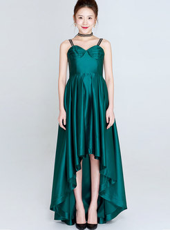 Green Asymmetric Slip Trailing Long Dress 