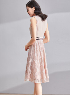 Pink Sweet Tied V-neck Lace Stitching Dress