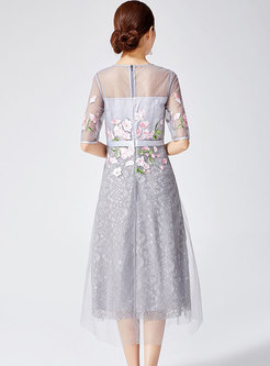 Grey Elegant Embroidery Gauze Stitching Skater Dress