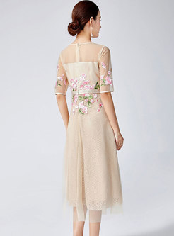 Beige Elegant Floral Embroidery Gauze Stitching Skater Dress