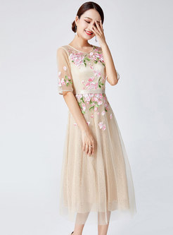 Beige Elegant Floral Embroidery Gauze Stitching Skater Dress