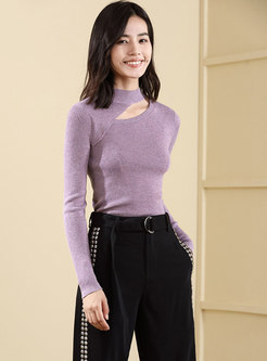 Light Purple Stand Collar Hollow Out Slim Sweater