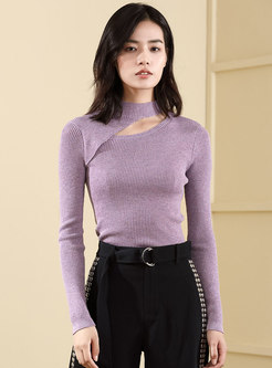 Light Purple Stand Collar Hollow Out Slim Sweater