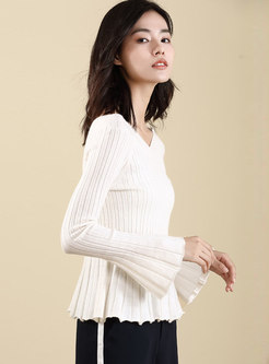 White V-neck Flare Sleeve Slim Knitted Sweater