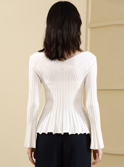 White V-neck Flare Sleeve Slim Knitted Sweater