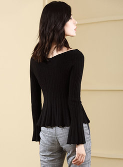 Black V-neck Flare Sleeve Slim Knitted Sweater