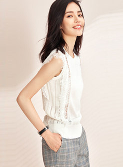 White Lace Splicing Sleeveless Hollow Out Knitted T-shirt