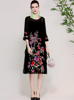Black Casual Embroidery Perspective Shift Dress