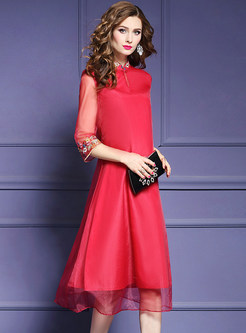 Red Loose Embroidered Cheongsam Dress