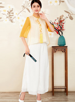 Yellow Elegant Fringed Embroidery Chinese Vintage Top 
