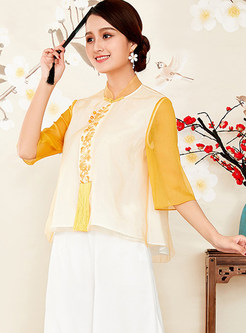 Yellow Elegant Fringed Embroidery Chinese Vintage Top 