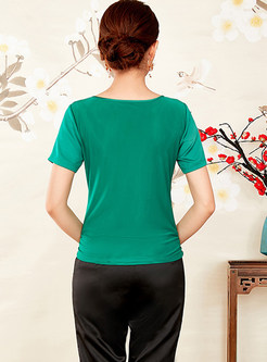 Green Ethnic Slim Elastic T-shirt 
