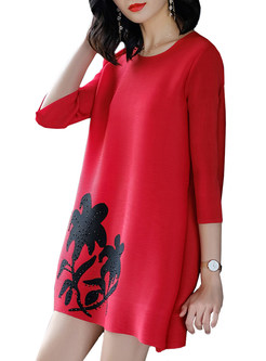 Red Print Beaded Loose Shift Dress