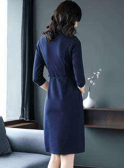 Blue Elegant Tied V-neck A Line Dress