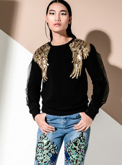Chic Mesh Splicing O-neck Loose Sweatshirt With Sequins