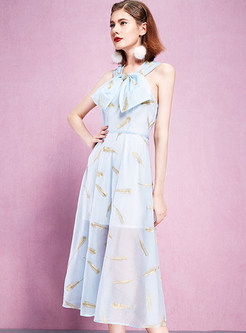 Sweet Feather Print Bowknot Patch A-Line Maxi Dress
