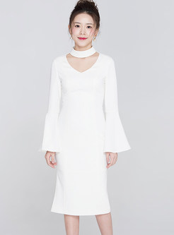 White Elegant V-neck Flare Sleeve Bodycon Dress