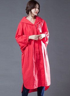Red Hooded Loose Single-breasted Coat