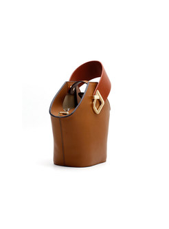 Brown Color-blocked Asymmetric Lock Barrel Bag