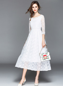 White Three-quarter Sleeve Embroidery Lace Dress