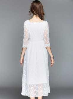 White Three-quarter Sleeve Embroidery Lace Dress