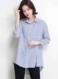 Chic Turn-down Collar Pinstriped Pocket Blouse