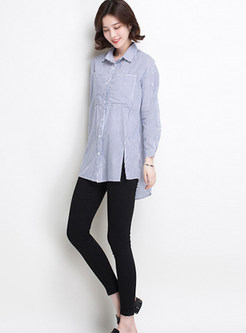 Chic Turn-down Collar Pinstriped Pocket Blouse