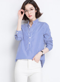 Stand Collar Striped Pullover Blouse