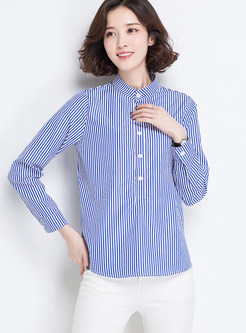 Stand Collar Striped Pullover Blouse