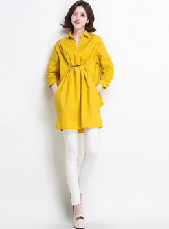 Pure Color Turn-down Collar Blouse With Metal Detail