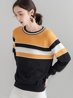 Loose Color-blocked O-neck Pullover Sweatshirt