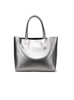 Brief Silver Genuine Leather Tote Bag