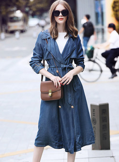 Navy Notched Double-breasted Tied Denim Trench Coat