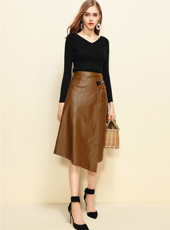 Fashion Solid Color Big Hem PU Asymmetric Skirt